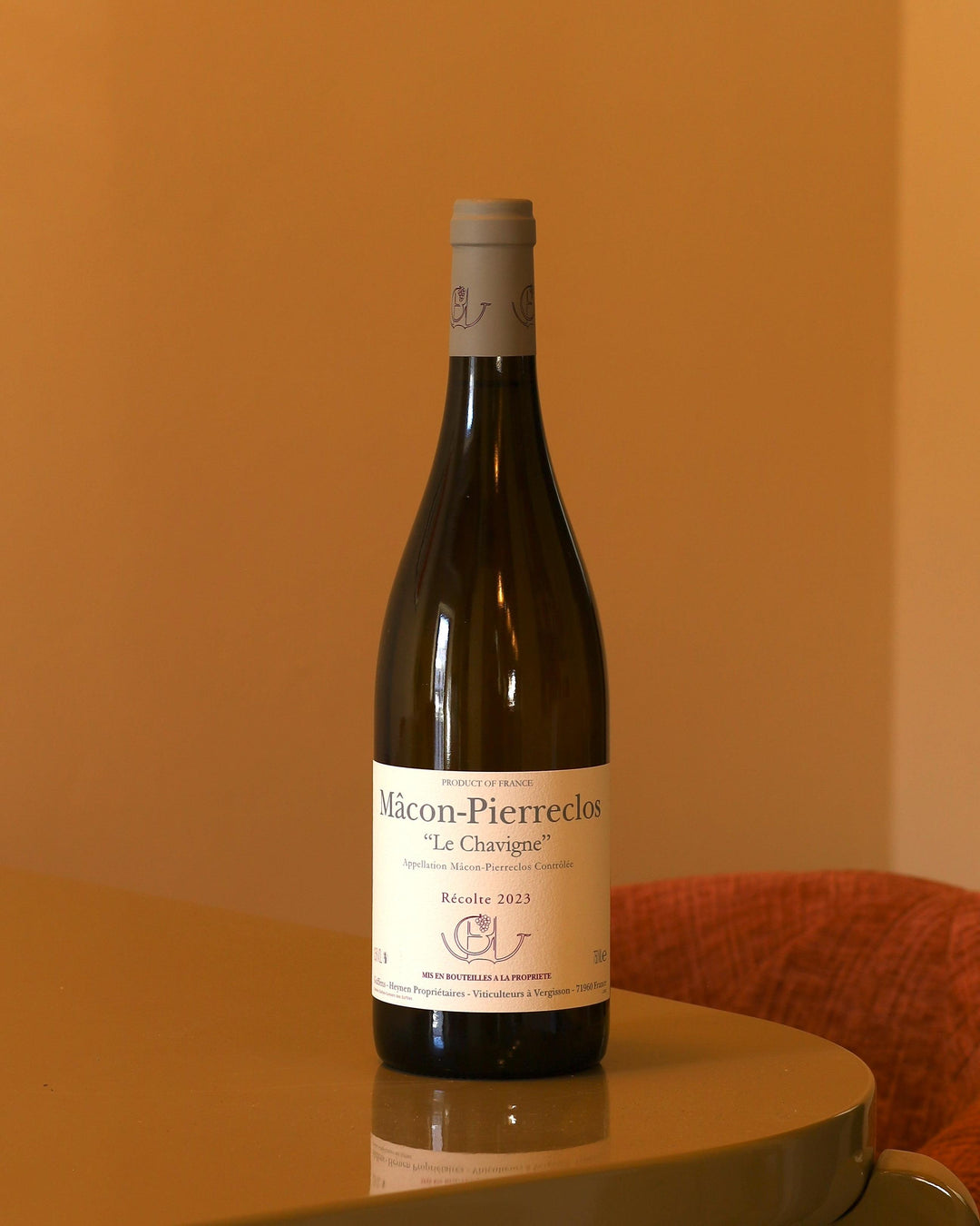 Bottiglia di vino bianco Guffens-Heynen Mâcon-Pierreclos Le Chavigne 2023 da 0,75l con etichetta bianca classica.