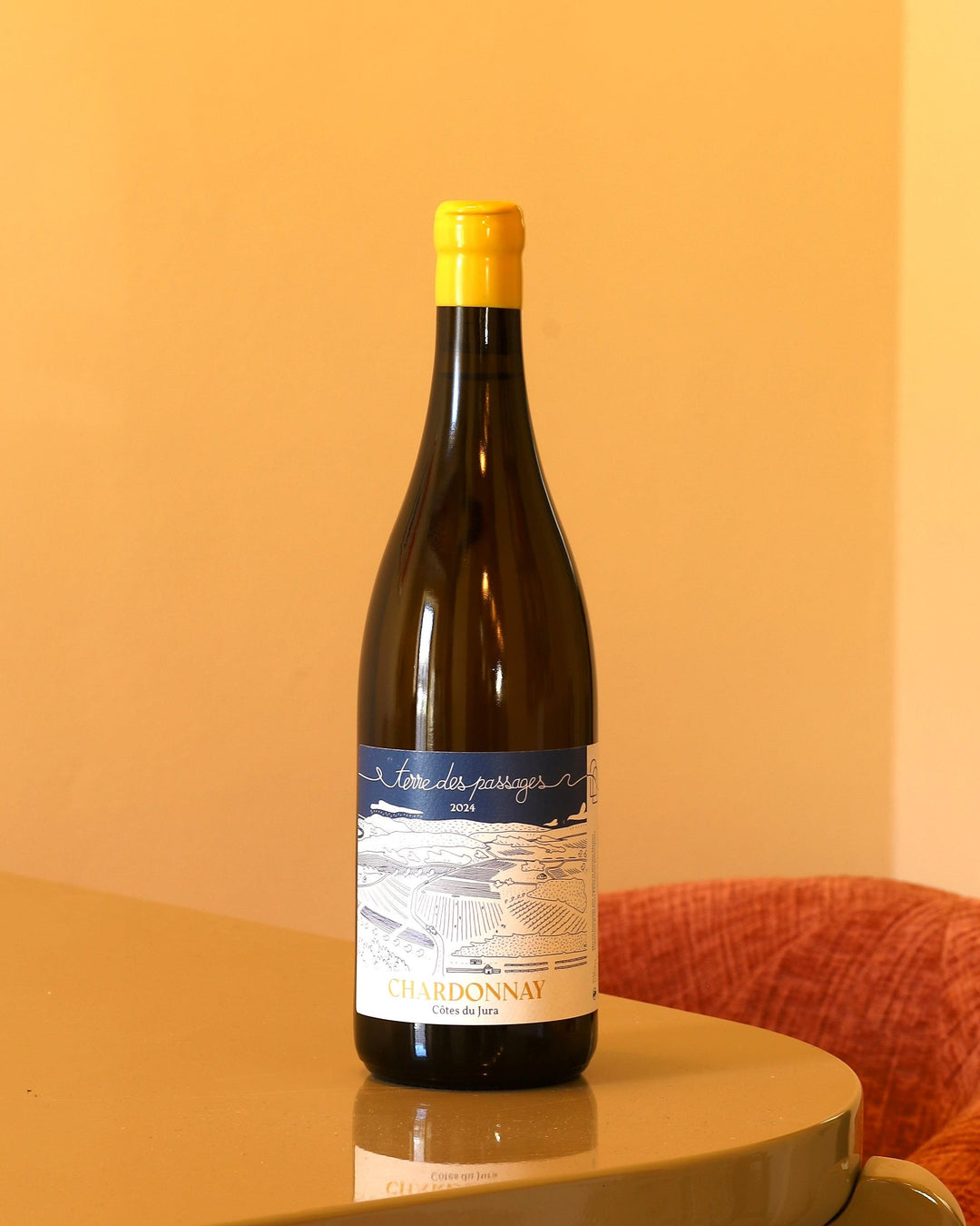 Bottiglia di vino bianco Terre des Passages Chardonnay 2024 con etichetta illustrata blu e capsula gialla su tavolo.